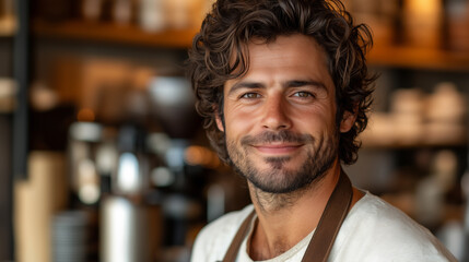 Obraz premium A barista with curly hair and a beard stands in a coffee shop, with coffee machines and cups visible in the background