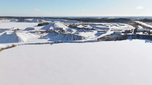 James dick quarry in caledon village, covered in snow on a sunny day, aerial view