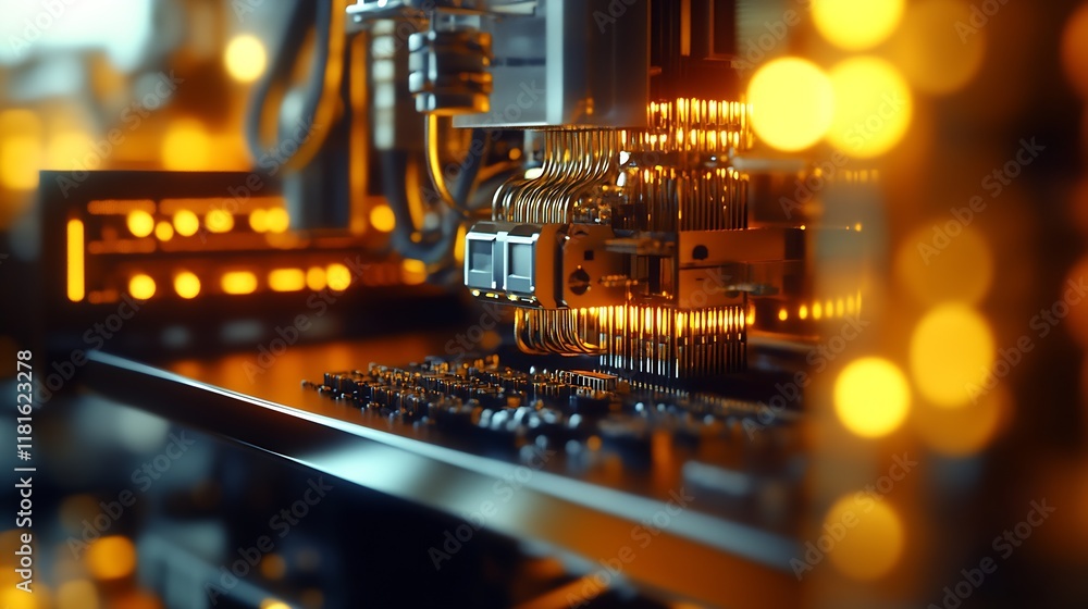 Poster Detailed view of high-tech electronic circuits with glowing lights in advanced machine : Generative AI