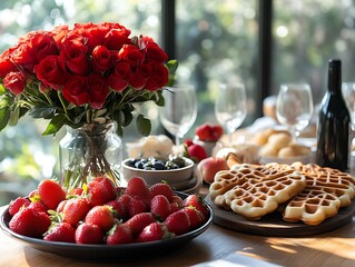Romantic breakfast with roses, waffles, and strawberries.