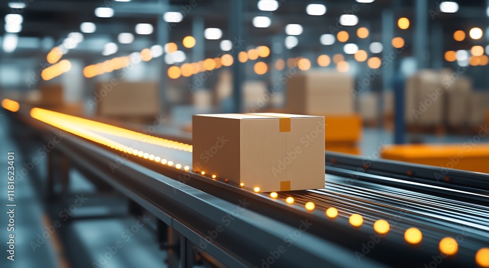 Poster automated conveyor belt with cardboard box in industrial warehouse setting : generative ai