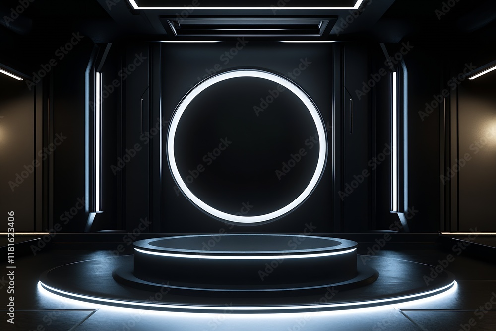 Poster high-tech futuristic interior with circular neon light stage : generative ai