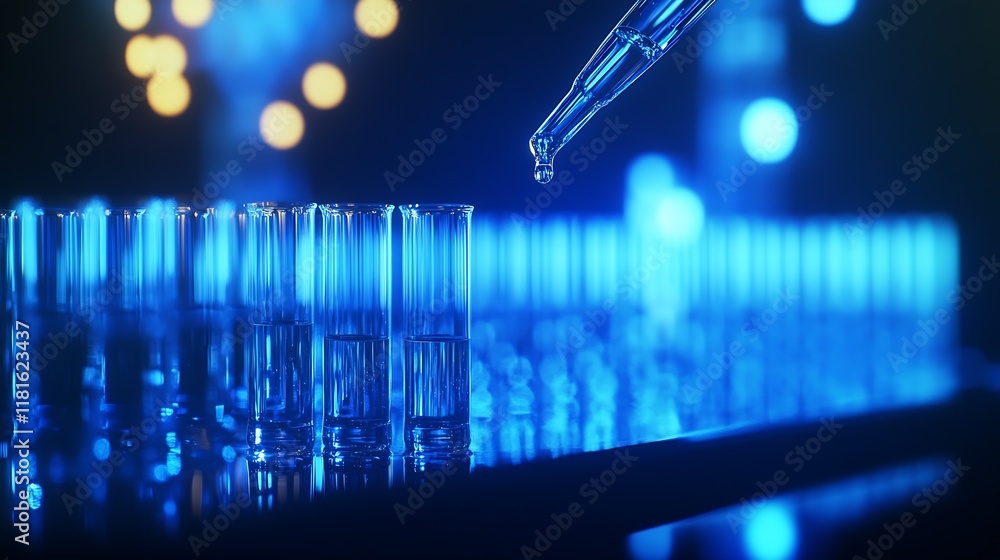 Poster Biochemical Experiment with Pipette and Abstract Blue Light in Science Lab with Test Tubes : Generative AI