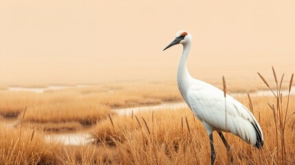 Obraz premium Natural earth tones depict an adorable, charming whooping crane overlapping with wetlands, grasslands, and marshes in browns, beiges, and muted colors.