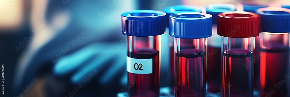 Poster Medical Laboratory Test Tubes in Focus Red Liquid Samples in Background : Generative AI