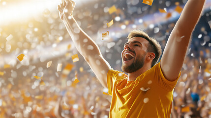 A victorious sports fan celebrating with golden confetti in a stadium, capturing the emotion of triumph and joy. A bright and energetic composition with copy space.