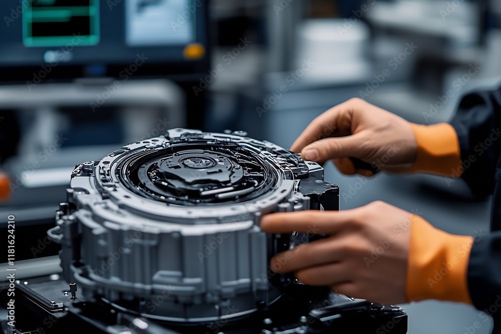 Aufkleber Technical Specialist Adjusting Complex Automotive Transmission in Innovative Engineering Workshop : Generative AI
