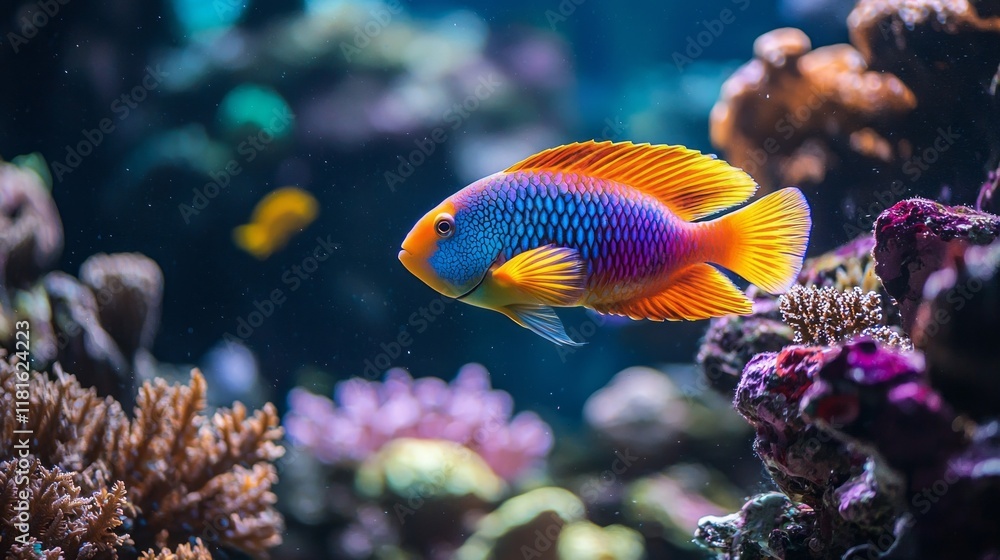 Poster in the clear blue waters, a lively parrotfish explores the reef, delicately nibbling at colorful cor