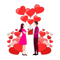 A romantic scene of Valentine's Day, that moment showed a person giving gift to their partner. The person has a warm smile and holding up a gift and heart shaped balloon
