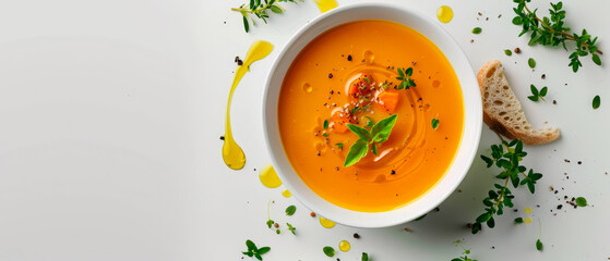 A top view bowl of soup made with seasonal vegetables with slice of bread on the side