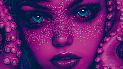 Magenta Woman with Tentacles Shows Beauty and Fantasy Art