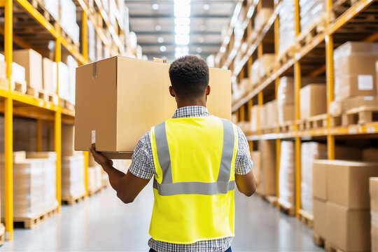 A worker in a yellow safety vest carrying a large cardboard box in a modern warehouse, emphasizing logistics and manual labor in a well-organized storage area.