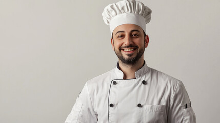 Smiling male chef in professional uniform radiating confidence and culinary finesse