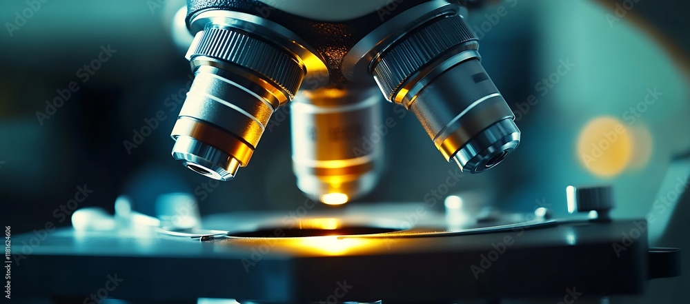 Leinwandbilder close up of microscope lenses illuminated in laboratory setting with warm lighting : generative ai