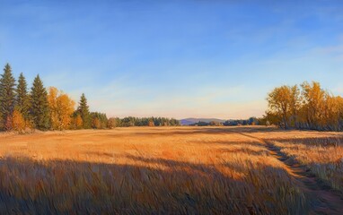 Fototapeta premium Golden Autumn Landscape Oil Painting with Path and Clear Blue Sky.