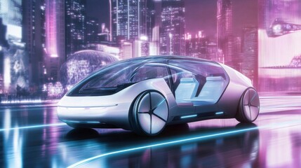 Fototapeta premium Sleek Autonomous Vehicle Navigates a Futuristic Cityscape: A Vision of Tomorrow's Transportation