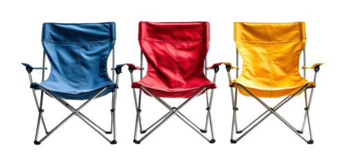 Three folding camping chairs in yellow, blue, and red colors, portable outdoor seating for travel, picnics, and hiking gear isolated on transparent background
