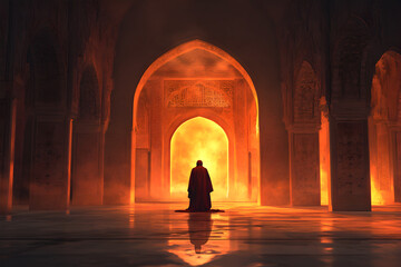 Silhouetted Figure Kneeling in a Glowing Ancient Archway with Ornate Details, Illuminated by Golden Light in a Mystical and Atmospheric Setting