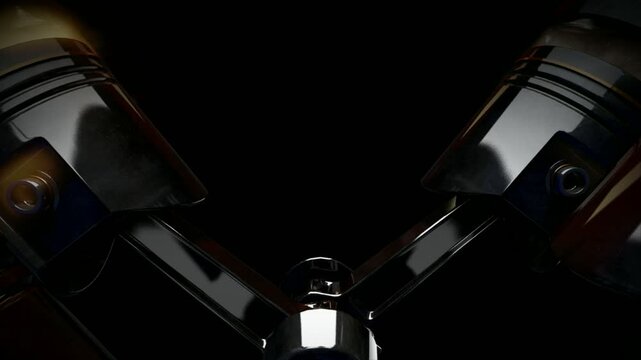 Close-up shot of a working V8 engine with exploding fuel effect. Pistons, camshaft, valves and other mechanical parts are in motion
