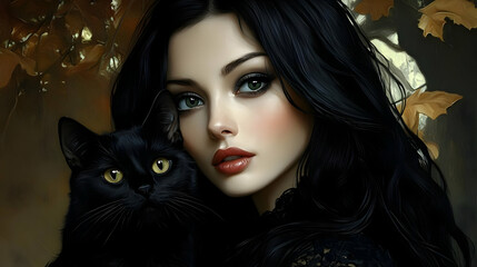 Black Cat and Woman Share a Mystical Moment Gently Together in Nature