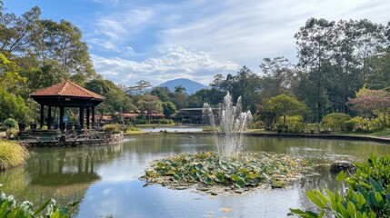 Fototapeta premium Serene Garden Pond with Gazebo and Fountain
