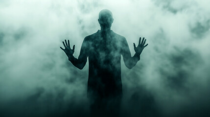 Fototapeta premium Mysterious Figure Standing in Fog with Shadowy Hands Raised