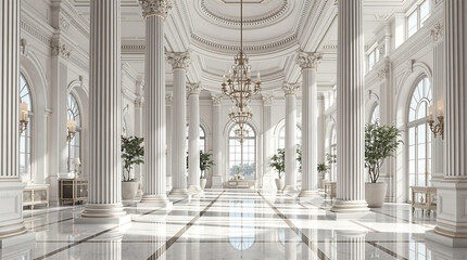Luxury palace interior with grand columns, a marble floor, arched windows, and a crystal chandelier. Perfect for architecture, history, and opulent visuals.

