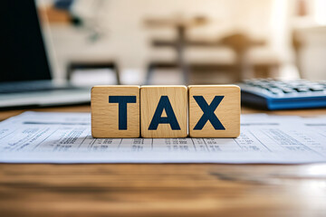 Wooden blocks forming the word "TAX" in a work environment, highlighting corporate financial obligations and compliance