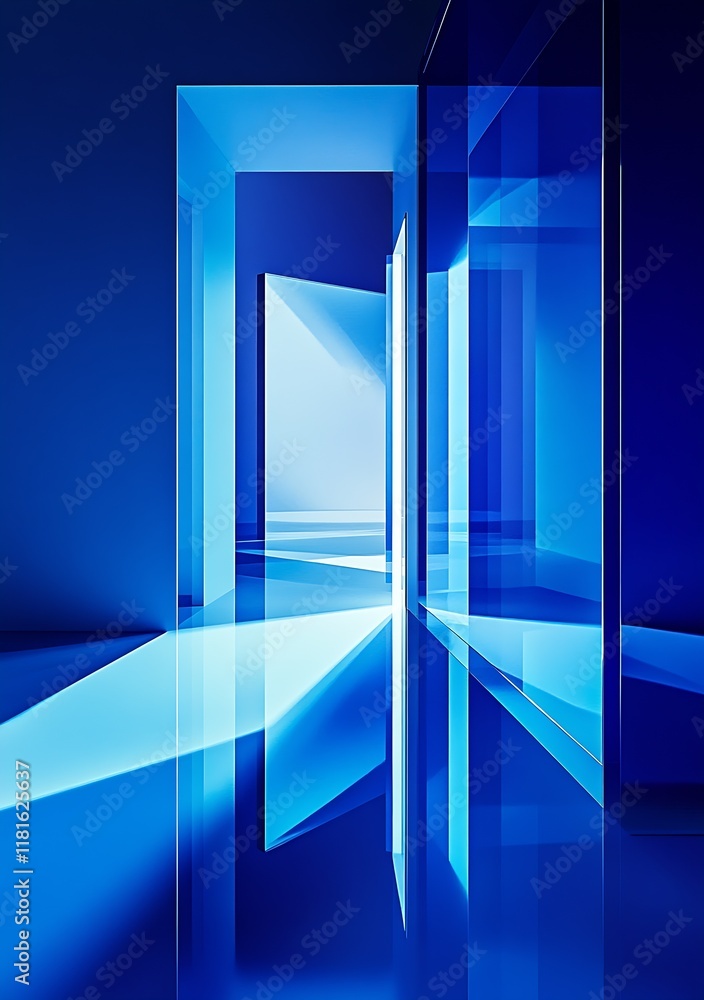 Poster contemporary blue abstract art with geometric shapes and light reflections in a sleek space : genera