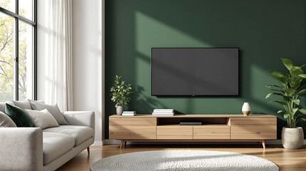 Stylish living room featuring a green wall with a mounted TV, wooden furniture, and indoor plants. Ideal for interior design, home decor, and real estate visuals.

