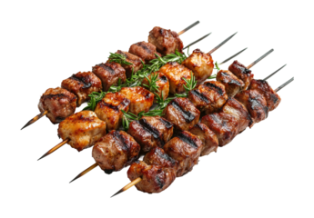 Delicious pork and chicken skewers with fresh rosemary ready for grilling at a summer barbecue gathering. Isolated on transparent background, png.