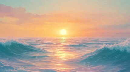 Obraz premium Serene Ocean Sunset with Pastel Sky and Gentle Waves, Horizontal Scenic View.