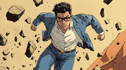 A cartoon of an office worker in a blue suit and white shirt, wearing glasses with a black frame, is running away from a broken wall