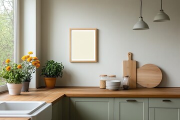 Modern kitchen interior featuring wooden countertop, plants, and neutral decor at daytime