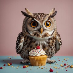 A cartoon owl enjoying a cupcake, clear background.