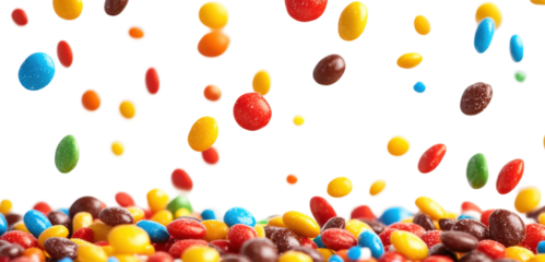 Colorful candy-coated chocolate pieces falling, assorted sweets in bright rainbow colors isolated on white background for dessert design