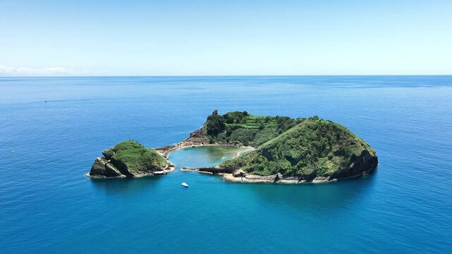 Stunning Vila Franca Islet - volcanic island in the Azores archipelago, aerial