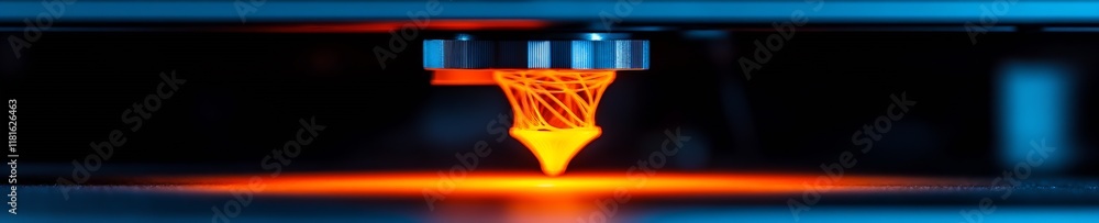 Poster advanced 3d printer nozzle extruding luminous orange material for intricate design solutions : gener