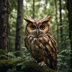 A forest owl made entirely of leaves, clear background.