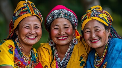 Three women in vibrant traditional clothing, smiling together. Ideal for cultural diversity or community themes.