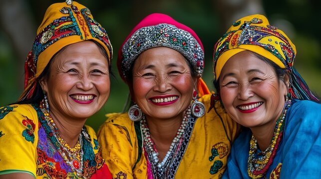 Three women in vibrant traditional clothing, smiling together. Ideal for cultural diversity or community themes.
