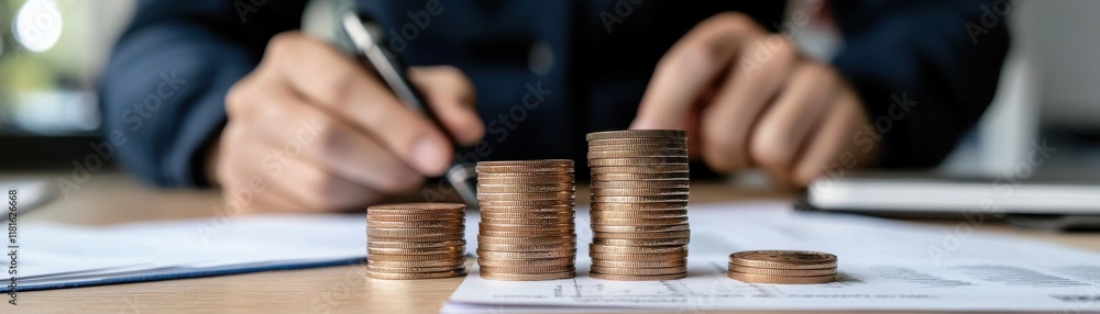 Poster a person writes notes while focused on stacks of coins, emphasizing financial planning and budgeting
