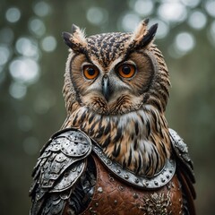 A noble owl wearing armor, clear background.