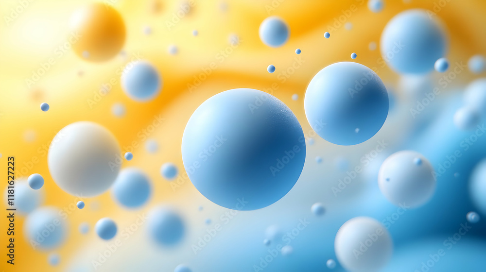 Poster abstract spheres float and interact: a dynamic 3d render