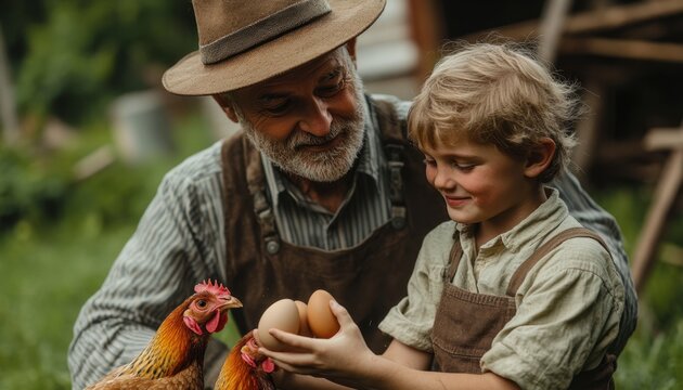 Grandfather and Grandson's heartwarming rural life Family collecting fresh eggs from hens in a cozy backyard, enjoying a wholesome, sustainable lifestyle Picturesque farm scene depicting idyllic - Powered by Adobe