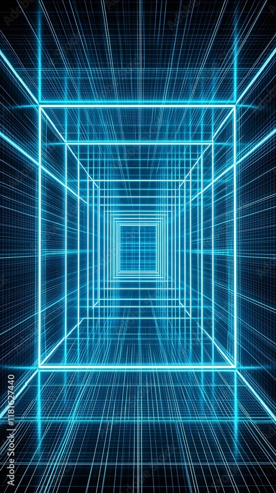 Aufkleber Futuristic Cyber Neon Cube Corridor with Symmetrical Geometric Patterns : Generative AI