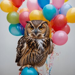 A playful owl surrounded by colorful balloons, clear background.