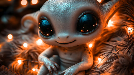 Cute Creature Sits Peacefully Amidst Glowing Lights and Soft Fur