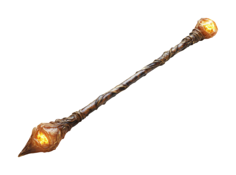 Glowing staff with ornate design and bright orbs displayed in a clean and setting. Isolated on transparent background, png.