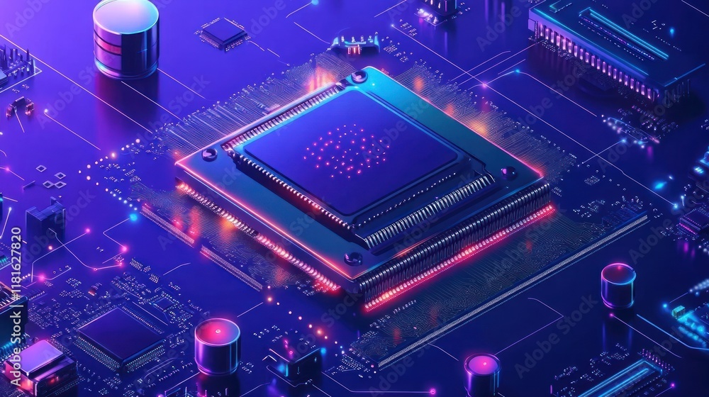 Poster neon glow cpu: a close-up of a futuristic microprocessor